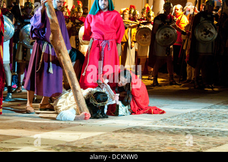 Veronica wiping Jesus's face. Holy Week, Passion of Chinchon, Chinchon, Madrid province, Spain. Stock Photo