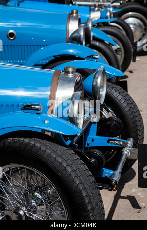 A row of French racing blue Bugatti Type 37 Classic Racing Cars in French racing blue, England Stock Photo