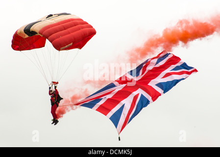 Red devils parachute display team with union jack flag Stock Photo