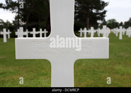 Gravestone of Major Thomas D Howie, at the American Cemetery, Omaha Beach, Normandy. Stock Photo