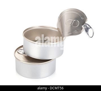 Closed and opened tin cans. Isolated on white background Stock Photo