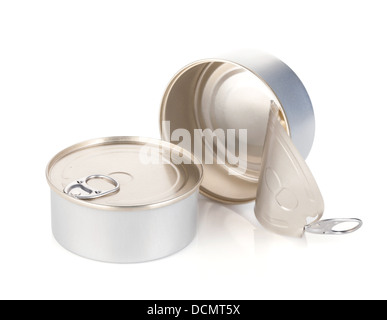 Closed and opened tin cans. Isolated on white background Stock Photo