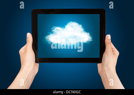 Woman hands holding tablet PC with cloud. Stock Photo