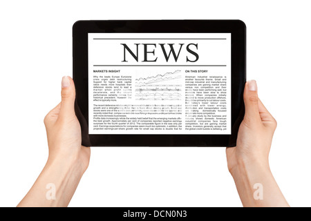 Hands holding electronic tablet with news. Isolated on white. Stock Photo
