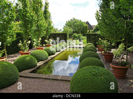 The pond and topiary at the Upper Rill Garden at Wollerton Old Hall Gardens garden Wollerton Market Drayton Shropshire England UK Stock Photo