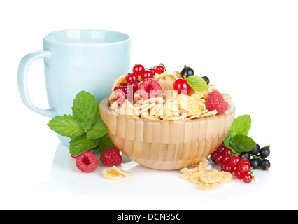 Fresh corn flakes with berries and milk cup. Isolated on white background Stock Photo
