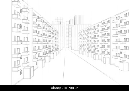 drawing of an urban residential street with apartment blocks Stock Photo