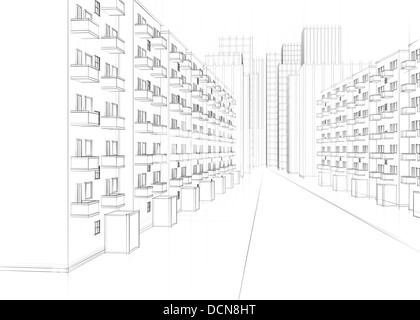 drawing of a city street with apartment buildings and skyscrapers Stock Photo
