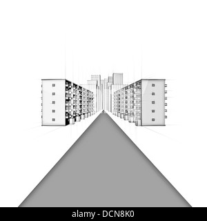 rough drawing of a street with apartment houses in gray Stock Photo