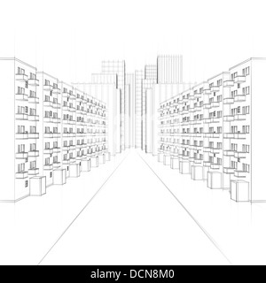 line drawing of an urban street with apartment houses Stock Photo
