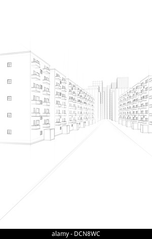 sketch of an urban residential street with skyscrapers in the background Stock Photo