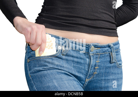 Pretty woman pulls out a bundle of euro from a side pocket isolate on white Stock Photo
