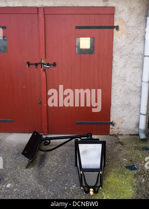 New street lamp on the ground during refurbishment in the French hilltop village of Bellgearde-du-Razes Aude Languedoc France Stock Photo