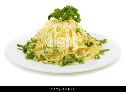 Egg pasta with herbs at white plate. Isolated Stock Photo