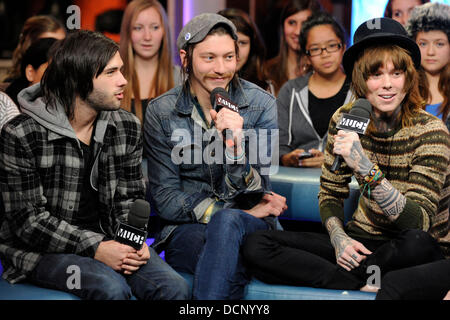 Hayden Kaiser, Taylor MacFee, and Christofer Drew 'Never Shout Never' appear on Much Music's New.Music.Live promoting their latest album 'Time Travel'.  Toronto, Canada - 27.10.11 Stock Photo