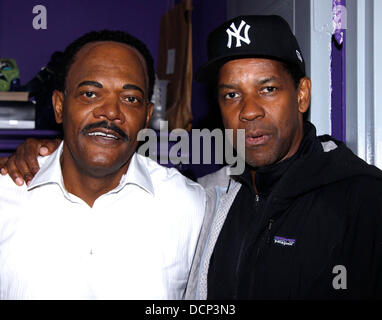 Samuel L. Jackson (in costume as Martin Luther King, Jr.) and Denzel Washington  Denzel Washington visits the cast of the Broadway production of 'The Mountaintop' at the Bernard B. Jacobs Theatre.  New York City, USA - 29.10.11 Stock Photo