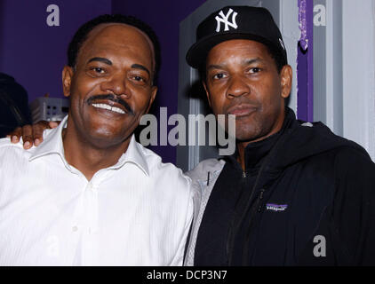 Samuel L. Jackson (in costume as Martin Luther King, Jr.) and Denzel Washington  Denzel Washington visits the cast of the Broadway production of 'The Mountaintop' at the Bernard B. Jacobs Theatre.  New York City, USA - 29.10.11 Stock Photo