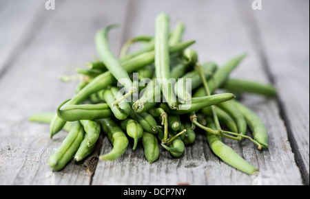 Green Beans on a grey vintage wooden background Stock Photo