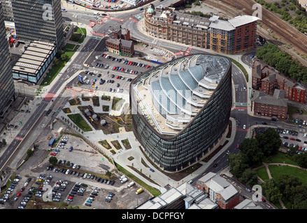 aerial view of One Angel Square in Manchester city centre, home of CoOperative Group, Co-op HQ Stock Photo