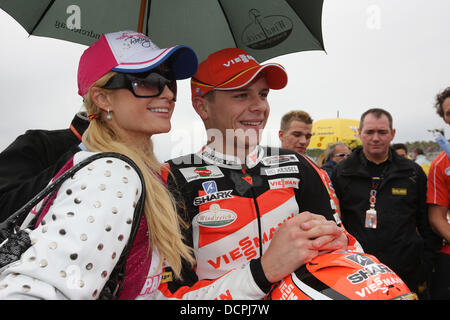 Paris Hilton with World Champion 2011 in the Moto2 class Stefan Bradl (GER) MotoGP Valencia Valencia, Spain - 06.11.11 Stock Photo