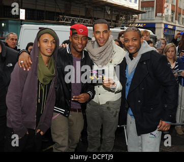 Aston Merrygold, Oriste Williams, Marvin Humes and JB, real name Jonathan Gill, of JLS    outside the BBC Radio 1 studios  London, England - 09.11.11 Stock Photo