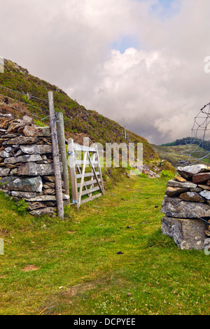Wooden Gate on the Foel Ispri Path near Llaneltyd, Snowdonia National Park Stock Photo