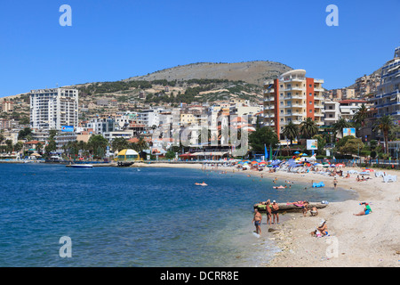 The beach with new build apartments at Saranda in Albania Stock Photo