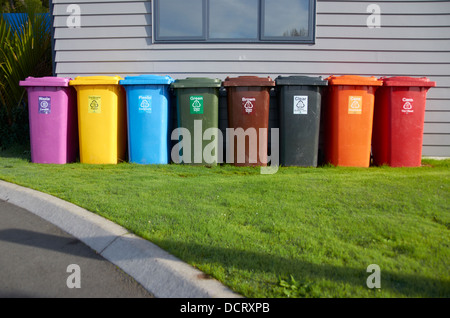 Rubbish bins ready for collection. Cooks Beach, Coromandel peninsula, New Zealand. Stock Photo