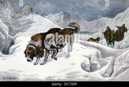 Saint Bernard dogs and monks on a rescue mission in the Alps. Hand-colored woodcut Stock Photo