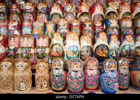 Matryoshka dolls, sometimes incorrectly referred to as 'babushka dolls, are on sale at a market stall inMoscow, Russia, 18 August 2013. Photo: Bernd Thissen Stock Photo