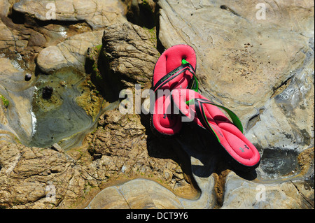 USA California CA Newport Beach Corona Del Mar Pacific Ocean Pink Under Amour brand sandals on rocks at a tide pool Stock Photo