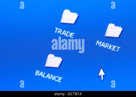 Trade,market and balance folders on the pc screen Stock Photo