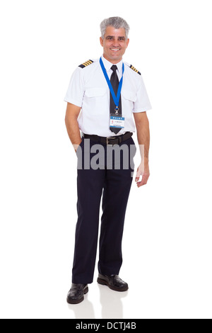 cheerful middle aged man wearing airline pilot uniform on white background Stock Photo
