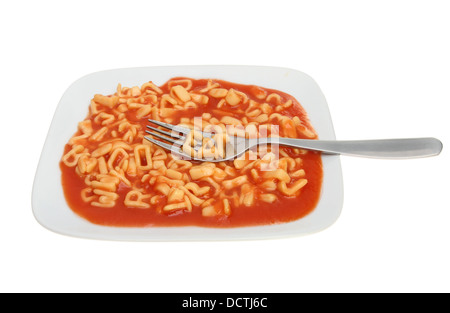 A plate of alphabet spaghetti with a fork with spaghetti spelling eat isolated against white