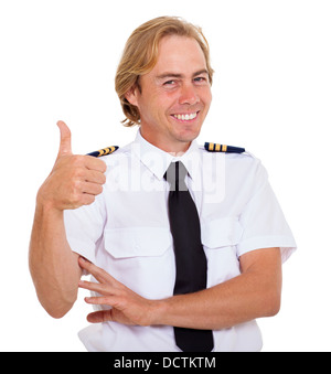 cheerful airline first officer giving thumbs up against white background Stock Photo