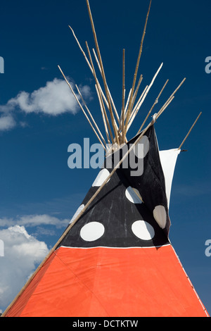 PAINTED NATIVE AMERICAN TEEPEE SAINT MARY LODGE RESORT SAINT MARYS GLACIER NATIONAL PARK MONTANA USA Stock Photo