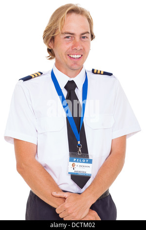 cheerful pilot wearing uniform with epaulettes isolated on white Stock Photo