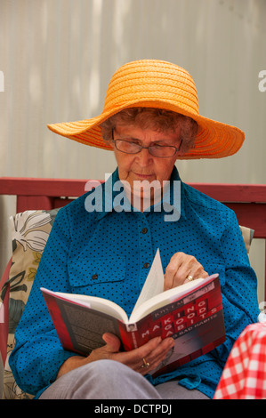 A lady relaxing on the deck reading a good book. Stock Photo