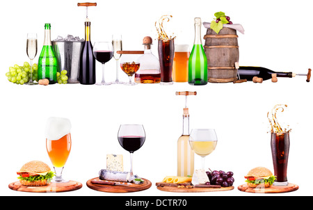 Set of different alcoholic drinks and cocktails - beer,martini,soda,champagne,whiskey,wine,cola,cocktail Stock Photo