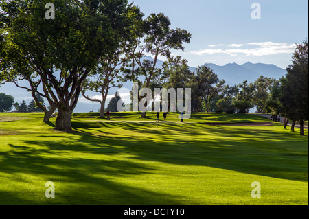 Backlit view of late afternoon light on lush golf course, Salida, Colorado, USA Stock Photo