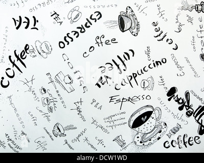 Concept of coffee: Sketches in ink on white paper. Stock Photo
