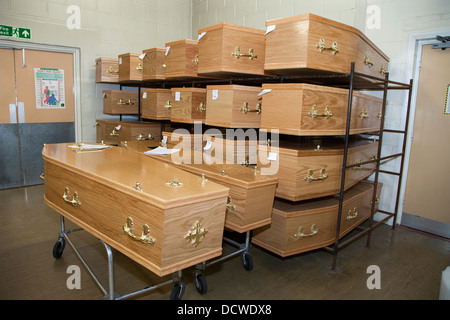 Wooden Coffins in storage Stock Photo