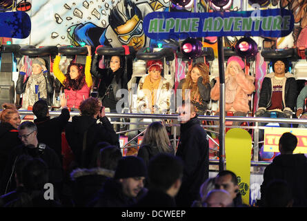 X Factor contestants Perrie Edwards, Jade Thirlwall, Leigh-Anne Pinnock and Jesy Nelson of Little Mix enjoy a night out at Winter Wonderland with mentor Tulisa Contostavlos and fellow contestants Amelia Lily and Marcus Collins  London, England - 24.11.11 Stock Photo