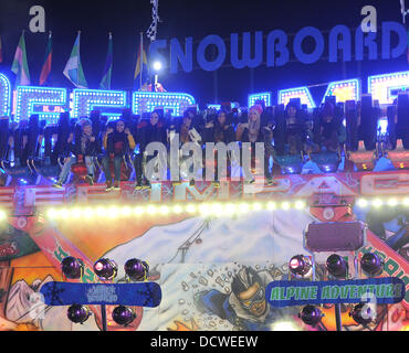 X Factor contestants Perrie Edwards, Jade Thirlwall, Leigh-Anne Pinnock and Jesy Nelson of Little Mix enjoy a night out at Winter Wonderland with mentor Tulisa Contostavlos and fellow contestants Amelia Lily, Marcus Collins and Misha B.  London, England - Stock Photo