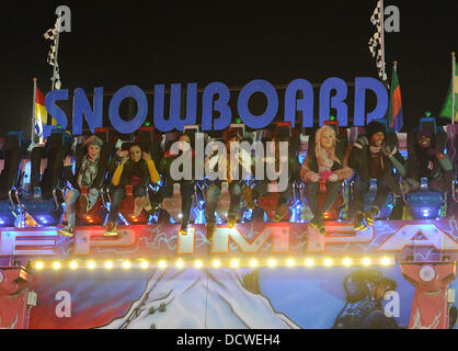 X Factor contestants Perrie Edwards, Jade Thirlwall, Leigh-Anne Pinnock and Jesy Nelson of Little Mix enjoy a night out at Winter Wonderland with mentor Tulisa Contostavlos and fellow contestants Amelia Lily, Marcus Collins and Misha B.  London, England - Stock Photo