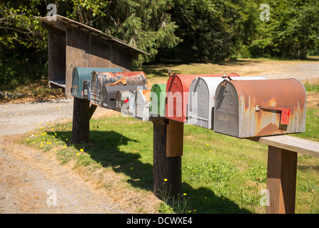 Roadside mailboxes on a country road. Stock Photo