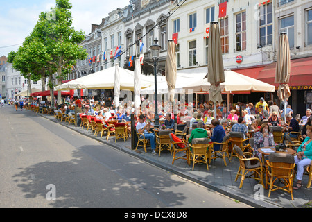 Maastricht Vrijthof Square pavement bar cafes & restaurant tables wait before Andre Rieu concert fans seated outdoors summer in Limburg Netherlands EU Stock Photo