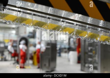 Empty PET bottles are pictured in the bottling plant of the Coca-Cola Erfrischungsgetränke AG production facility in Genshagen, Germany, 21 August 2013. Here, Coca-Cola products are filled into disposable packaging on 158,000 square meters. 170 employees work in the production facility, which was opened in 1998. The Coca-Cola Erfrischungsgetränke AG is one of the biggest beverage companies in Germany with a sales volume of 3.7 billion liters in 2012. Photo: Jens Kalaene Stock Photo