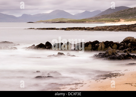 Long Exposure Image taken at Scarista Beach with the Isle of Taransay in the background Isle of Harris Scotland UK Stock Photo