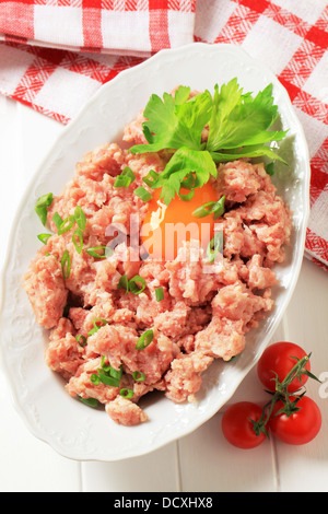 minced meat and raw egg in bowl and on a table Stock Photo: 78792576 ...